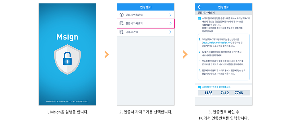 1. Msign을 실행 합니다./ 2.인증서 가져오기를 선택합니다. / 3.인증번호 확인 후 PC에서 인증번호를 입력합니다.